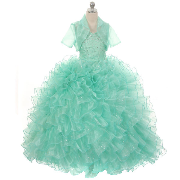Rain Kids Big Girls Mint Sequin Sparkly Ruffle Bolero Pageant Dress 8-14 - SophiasStyle.com